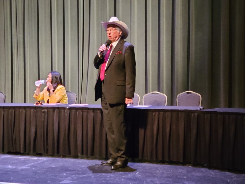 Lions Club Past International President Jimmy Ross speaks at the Kansas Lions 100th Annual State Convention at Memorial Auditorium on Friday.