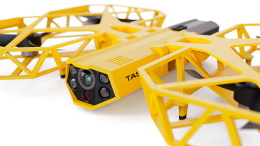This photo provided by Axon Enterprise depicts a conceptual design through a computer-generated rendering of a taser drone. Taser developer Axon says it is working to build drones armed with the electric stunning weapons that could fly in schools and &ldquo;help prevent the next Uvalde, Sandy Hook, or Columbine.&rdquo; But its own technology advisers quickly panned the idea as a dangerous fantasy.  (Axon Enterprise, Inc. via AP)