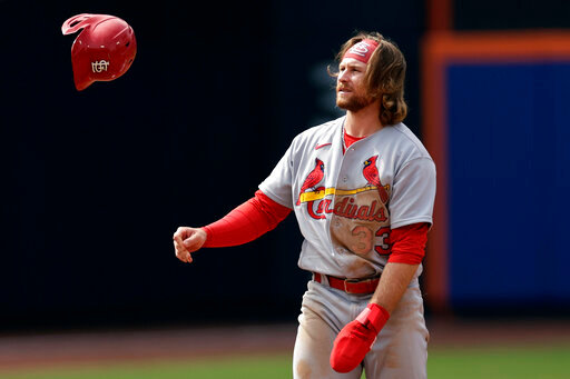St. Louis Cardinals' Brendan Donovan reacts after being tagged out attempting to steal second base during the seventh inning of a baseball game against the New York Mets on Thursday, May 19, 2022, in New York. (AP Photo/Adam Hunger)