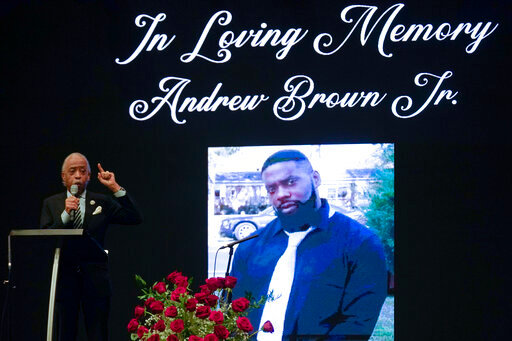 FILE - Rev. Al Sharpton speaks during the funeral for Andrew Brown Jr. on May 3, 2021, at Fountain of Life Church in Elizabeth City, N.C. On Monday, June 6, 2022, a North Carolina sheriff&rsquo;s office announced a $3 million settlement in a lawsuit filed by the family of Brown Jr., who was shot and killed while unarmed by sheriff&rsquo;s deputies more than a year earlier. (AP Photo/Gerry Broome, File)