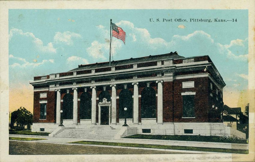 Postcard of the U.S. Post Office in Pittsburg, Kansas, circa 1923 from the Ira Clemens Photograph Album, 1923.
