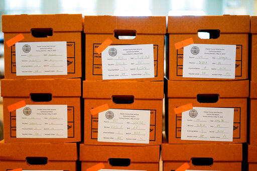 Boxes of recounted ballots from the recent Pennsylvania primary election are stacked at the Chester County Voter Services office in West Chester, Pa., Wednesday, June 1, 2022. (AP Photo/Matt Rourke)
