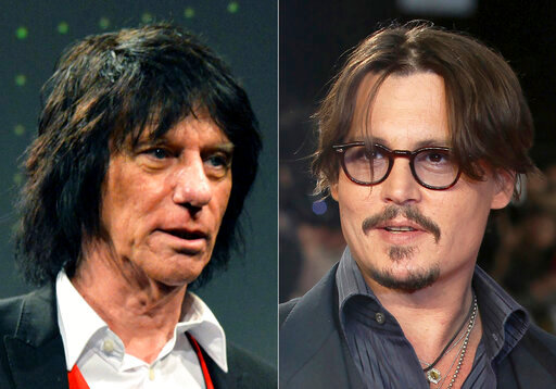 Jeff Beck appears at the 59th Ivor Novello Awards in London on May 22, 2014, left, and Johnny Depp appears at the European premiere of their film, &quot;The Rum Diary,&quot; in London on Nov. 3, 2011. Beck and Depp will release &quot;18,&quot; an album releasing July 15. (AP Photo)