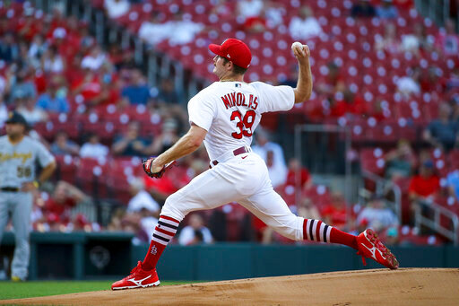 St. Louis Cardinals starting pitcher Miles Mikolas (39) throws during the first inning in the second game of a baseball doubleheader against the Pittsburgh Pirates on Tuesday, June 14, 2022, in St. Louis. (AP Photo/Scott Kane)