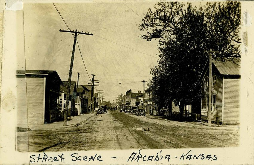 Arcadia, Kansas street scene circa 1923, from the Ira Clemens Photograph Album, 1923.