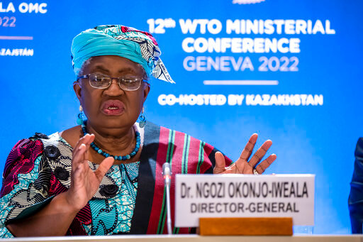 Nigeria's Ngozi Okonjo-Iweala, director general of the World Trade Organization (WTO) speaks at a press conference after the closing of the 12th Ministerial Conference (MC12) at the headquarters of WTO in Geneva, Switzerland, Friday, June 17, 2022. (Martial Trezzini/Keystone via AP)