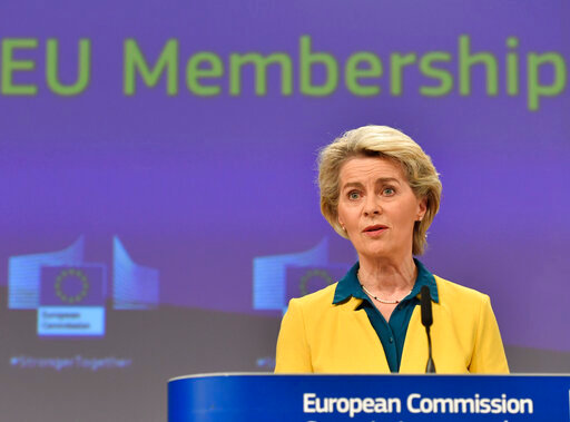 European Commission President Ursula von der Leyen speaks during a media conference after a meeting of the College of Commissioners at EU headquarters in Brussels, Friday, June 17, 2022. Ukraine's request to join the European Union may advance Friday with a recommendation from the EU's executive arm that the war-torn country deserves to become a candidate for membership in the 27-nation bloc. (AP Photo/Geert Vanden Wijngaert)