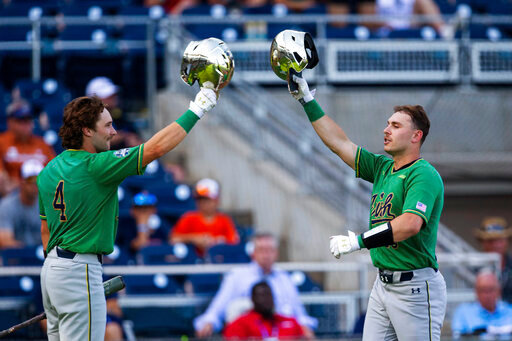 Notre Dame's Jared Miller (16) celebrates his home run against Texas with Carter Putz (4) during the first inning of an NCAA College World Series baseball game Friday, June 17, 2022, in Omaha, Neb. (AP Photo/John Peterson)