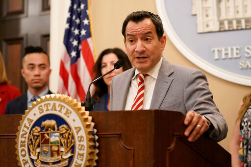 California Assembly Speaker Anthony Rendon announces the creation of a Legislative committee to look into the state's high gas prices during a news conference in Sacramento, Calif., on Monday, June 20, 2022. (AP Photo/Rich Pedroncelli)