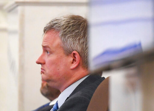 Attorney General Jason Ravnsborg listens from the defense table during his impeachment trial on Tuesday, June 21, 2022, at the South Dakota State Capitol in Pierre, S.D. (Erin Woodiel/The Argus Leader via AP)