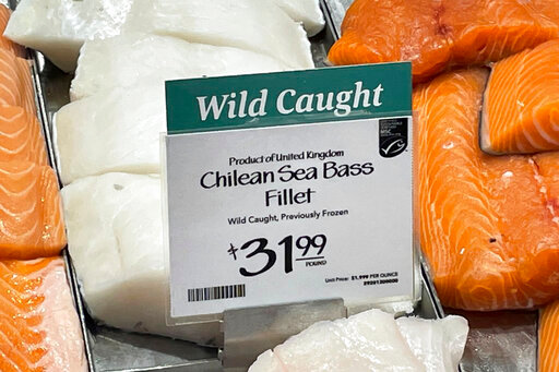 Fillets of Chilean sea bass caught near the U.K.-controlled South Georgia island are displayed for sale at a Whole Foods Market in Cleveland, Ohio on June 17, 2022. A diplomatic row is taking place near the South Pole dividing the normally allied U.S. and U.K. governments in response to provocations from Russia over catch limits of the meaty toothfish. The feud could lead to an import ban on the fish, which U.S. officials insist is being caught unlawfully in violation of rules governed by the Antarctic Treaty. (AP Photo/Joshua Goodman)