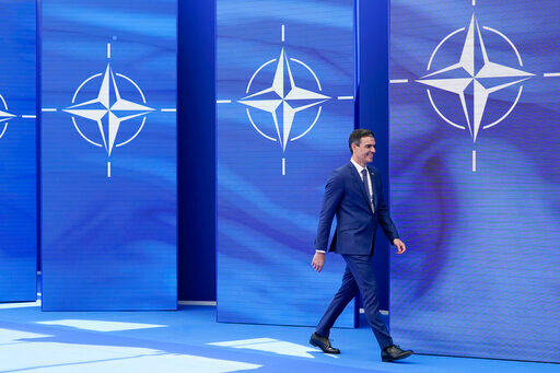 Spain's Prime Minister Pedro Sanchez arrives to pose for photos with NATO Secretary General Jens Stoltenberg at the NATO summit at NATO headquarters in Brussels, Monday, June 14, 2021. Russia&rsquo;s invasion of Ukraine is certain to dominate an upcoming NATO summit in Madrid. But host nation Spain and other members are quietly pushing the Western alliance to consider how mercenaries aligned with Russian President Vladimir Putin are spreading Moscow&rsquo;s influence in Africa. (AP Photo/Patrick Semansky, Pool, File)
