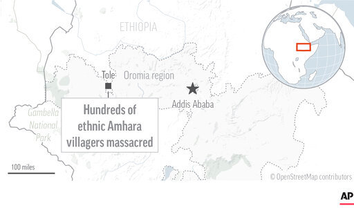 Hundreds of people were slaughtered in a village and its surroundings this month in the latest explosion of ethnic violence in Ethiopia. (AP Graphic)