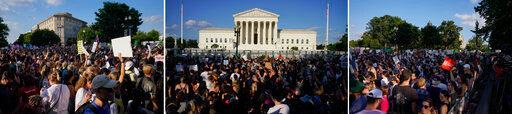 In this combo photo, protesters gather outside the Supreme Court in Washington, Friday, June 24, 2022. The Supreme Court has ended constitutional protections for abortion that had been in place nearly 50 years, a decision by its conservative majority to overturn the court's landmark abortion cases. (AP Photo/Jacquelyn Martin)