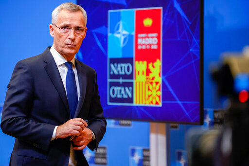 NATO Secretary General Jens Stoltenberg speaks during a media conference prior to a NATO summit in Brussels, Monday, June 27, 2022. NATO heads of state will meet for a NATO summit in Madrid beginning on Tuesday, June 28. (AP Photo/Olivier Matthys)