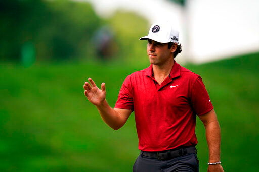 Matthew Wolff reacts after a shot on the 11th hole during the second round of the Travelers Championship golf tournament at TPC River Highlands, Friday, June 24, 2022, in Cromwell, Conn. (AP Photo/Seth Wenig)