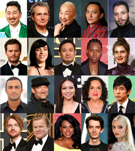This combination of photos shows some of the new members named to the Academy of Motion Picture Arts and Sciences, top row from left, Andrew Ahn, Mariano Barroso, Lori Tan Chinn, Pawo Choyning Dorji, and Robin de Jes&uacute;s, second row from left, Jamie Dornan, Billie Eilish, Ryusuke Hamaguchi , Jeremy O. Harris, and Gaby Hoffmann, third row from left, Amir Jadidi, Troy Kotsur, Adele Lim, Olga Merediz, and Hidetoshi Nishijima, bottom row from left, Finneas O&rsquo;Connell, Jesse Plemons, Sheryl Lee Ralph, Kodi Smit-McPhee, and Anya Taylor-Joy. (AP Photo)
