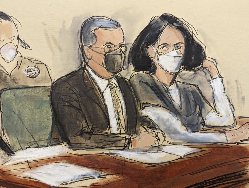 In this courtroom sketch, Ghislaine Maxwell, right, sits with her attorney, Christian Everdell, as the prosecutor speaks at her sentencing hearing on June 28, 2022, in New York.