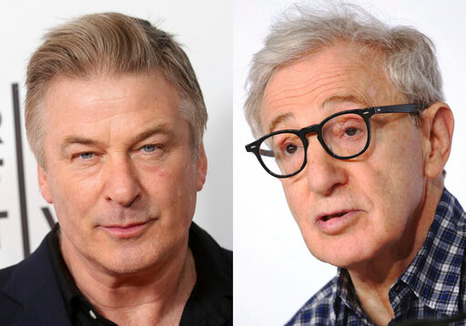 Actor Alec Baldwin attends the screening for &quot;Framing John DeLorean&quot; during the 2019 Tribeca Film Festival on April 30, 2019, in New York, left, and filmmaker Woody Allen attends a press conference for the film &quot;Irrational Man,&quot; at the 68th international film festival, Cannes, southern France, on May 15, 2015. Allen told Alec Baldwin during a live interview Tuesday on Instagram that he is mulling ending his movie-making career, saying directing has lost its luster. (AP Photo)