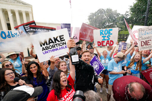 A celebration outside the Supreme Court, Friday, June 24, 2022, in Washington. The Supreme Court has ended constitutional protections for abortion that had been in place nearly 50 years &mdash; a decision by its conservative majority to overturn the court's landmark abortion cases. (AP Photo/Steve Helber)