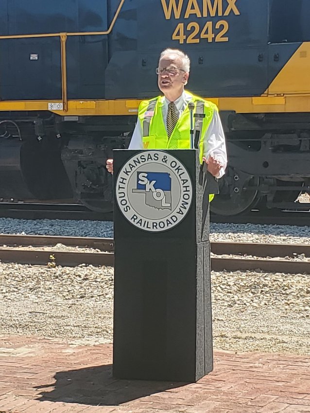 Sen. Jerry Moran (R-Kansas) delivers brief remarks at a groundbreaking ceremony in Cherryvale, Kansas, for a new railroad improvement project spearheaded by Watco.