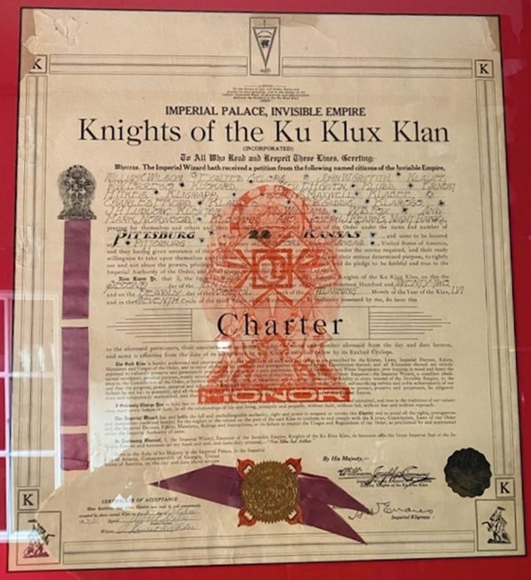 The October 1922 KKK Charter issued to members in the City of Pittsburg.
