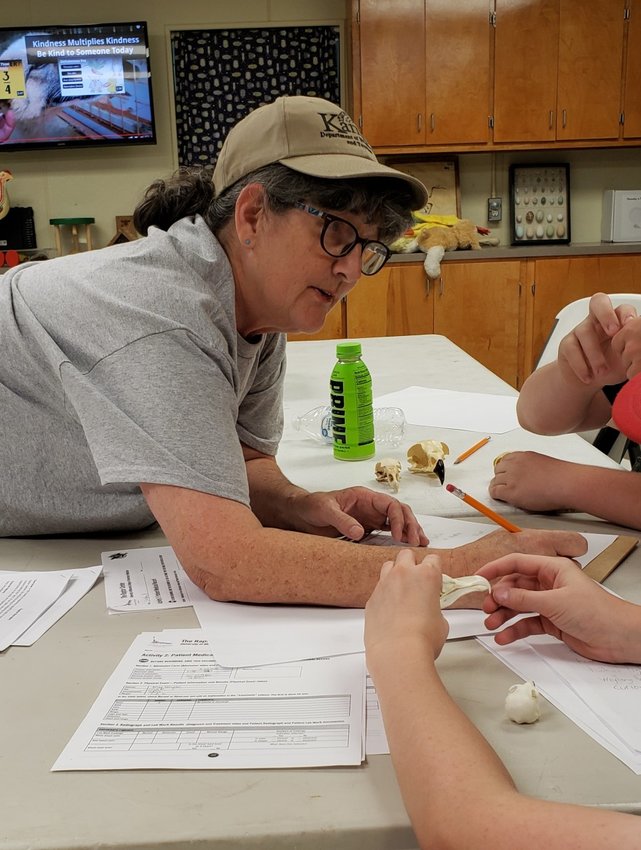 Raptor rehabilitator Pat Silovsky guides students through creating a dichotomous key as part of a science camp at Pittsburg State University's nature reserve.