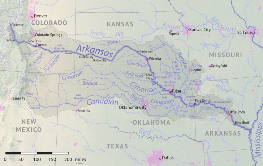 The Arkansas River and its tributaries form a major part of the overall Mississippi River system. Running from the Colorado Rockies to eastern Arkansas, the river flows through Kansas and Oklahoma, where local rivers such as the Neosho, Verdigris, and Spring Rivers flow into it along its route through Southeast Kansas.