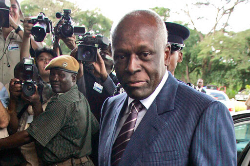 FILE - In this April 12, 2008, file photo, Angola President Jos&eacute; Eduardo dos Santos arrives at the Mulungushi International Conference Center in Lusaka, Zambia. Spanish prosecutors said Thursday, July 7, 2022, they have decided to look into allegations by a daughter of dos Santos that a conspiracy is behind her father&rsquo;s serious illness, which has left him in a coma in a Barcelona clinic. Dos Santos voluntarily stepped down as head of state of his Southwest African country in 2017, when his health began failing after almost 40 years in power. (AP Photo/Themba Hadebe, File)