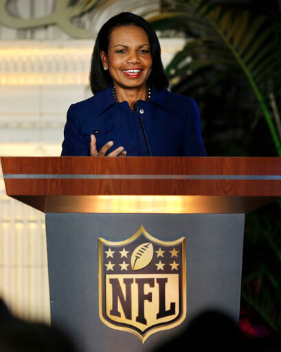 FILE - Former U.S. Secretary of State Condoleezza Rice gestures while speaking at the NFL Women's Summit, Thursday, Feb. 4, 2016, in San Francisco. Former U.S. Secretary of State Condoleezza Rice has been added to the new Broncos ownership group.  Rob Walton announced the inclusion of Rice in a statement issued Monday, July 11, 2022, on behalf of the Walton-Penner family ownership group. (AP Photo/Ben Margot, File)