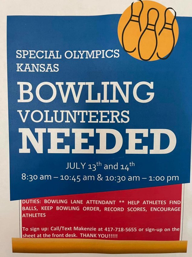 A flyer requesting volunteers for the Kansas Special Olympic Bowling Tournament to be held at Pittsburg&rsquo;s Holiday Lanes on July 13 and 14. &nbsp;