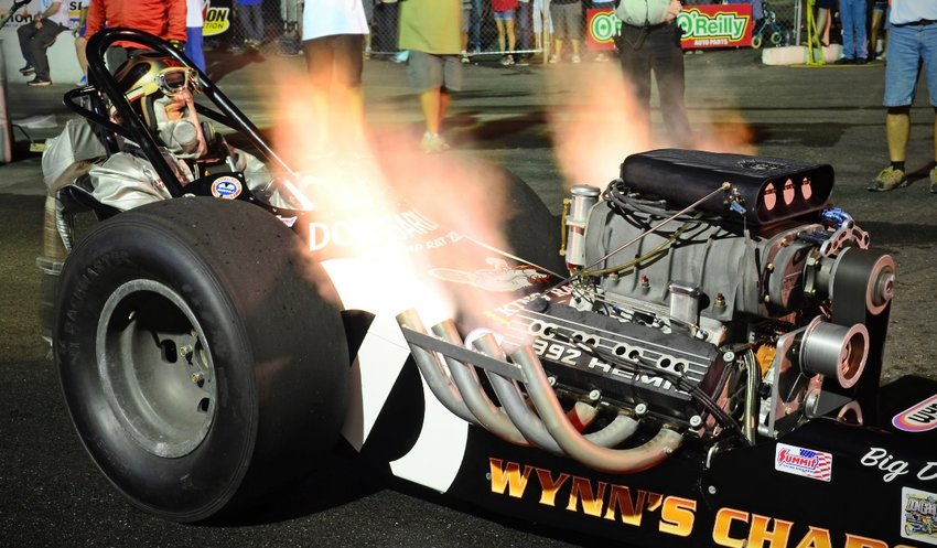 Don &lsquo;Big Daddy&rsquo; Garlits fires up his swamp rat 12 nitro burning slingshot dragster that will be at the Mo-Kan drag way July 15-16.