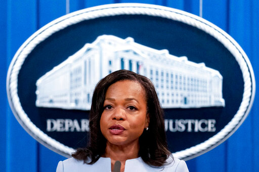 FILE - Assistant Attorney General for Civil Rights Kristen Clarke speaks at a news conference at the Department of Justice in Washington, on Aug. 5, 2021. The U.S. Justice Department has opened an investigation into the Maryland State Police to determine if the agency engaged in racially discriminatory hiring and promotion practices, federal prosecutors announced Friday, July 15, 2022. (AP Photo/Andrew Harnik, File)