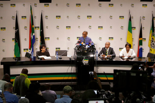 FILE -  Deputy General Secretary of the African National Congress (ANC) Jesse Duarte,left, listens as Secretary General of the African National Congress, (ANC) Ace Magashule, makes a statement at a briefing at the ANC headquarters in downtown Johannesburg, Tuesday, Feb. 13, 2018.  South African President Cyril Ramaphosa has paid tribute to Duarte, who died Sunday, July 17, 2022 after a long battle with cancer. (AP Photo/Themba Hadebe, File)