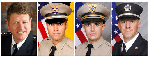 This combo of undated images provided by the Bernalillo County Sheriff's Office and Bernalillo County Fire Department, shows, from left, Undersheriff Larry Koren, Lt. Fred Beers, Deputy Michael Levison and county Fire and Rescue Department Specialist Matthew King. The four were killed in a crash of a Bernalillo County Sheriff's Office helicopter that was headed back to Albuquerque after assisting firefighters in another New Mexico city, authorities said Sunday, July 17, 2022. (Bernalillo County Sheriff's Office and Bernalillo County Fire Department via AP)