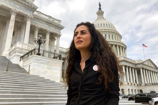 Lina Abu Akleh, the niece of slain Al Jazeera journalist Shireen Abu Akleh, speaks to the Associated Press at the U.S. Capitol during a trip to Washington, Wednesday, July 27, 2022. Family members are in the nation's capital asking the Biden administration for an investigation into Shireen's death. (AP Photo/Nathan Ellgren)