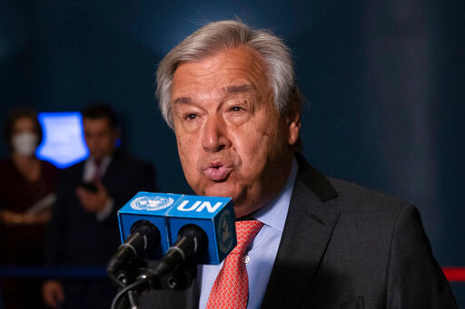 United Nations Secretary-General Antonio Guterres makes remarks before the 2022 Nuclear Non-Proliferation Treaty (NPT) review conference in the United Nations General Assembly, Monday, Aug. 1, 2022. (AP Photo/Yuki Iwamura)