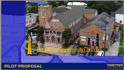 This artist rendering provided by Together New Orleans shows Broadmoor Community Church. Global warming is producing more extreme weather. That can mean extended power outages in places like New Orleans. A grassroots network is launching &ldquo;Community Lighthouses&rdquo; to meet the challenge. (Together New Orleans via AP)