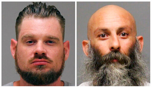 FILE - This photo combo of images provided by the Kent County Sheriff and Delaware Department of Justice, respectively, shows Adam Dean Fox, left, and Barry Croft Jr. on April 8, 2022. The men who are accused of crafting a plan to kidnap Michigan Gov. Gretchen Whitmer in 2020 and ignite a national rebellion are facing a second trial with jury selection starting Tuesday, Aug. 9, 2022, months after a jury couldn't reach a verdict on the pair while acquitting two others in the case. (Kent County Sheriff and Delaware Department of Justice via AP, File)