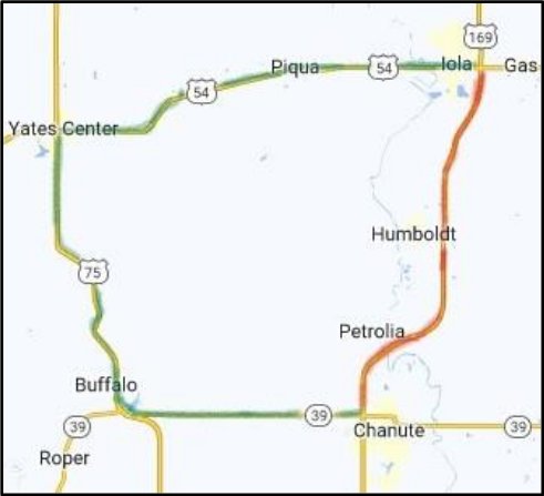 The official state route detour around U.S. 169 between Chanute and Iola, which is closed to through traffic, is signed on U.S. 54, U.S. 75, and K-39, shown here.