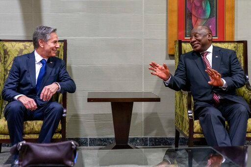 U.S. Secretary of State Antony Blinken and South Africa's President Cyril Ramaphosa meet together at Waterkloof Air Force Base in Centurion, South Africa, Tuesday, Aug. 9, 2022. Blinken is on a ten day trip to Cambodia, Philippines, South Africa, Congo, and Rwanda. (AP Photo/Andrew Harnik, Pool)