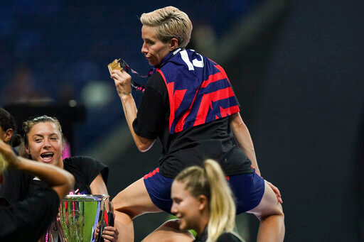 United States' Megan Rapinoe celebrates after winning the CONCACAF Women's Championship final soccer match against Canada in Monterrey, Mexico, Monday, July 18, 2022. (AP Photo/Fernando Llano)