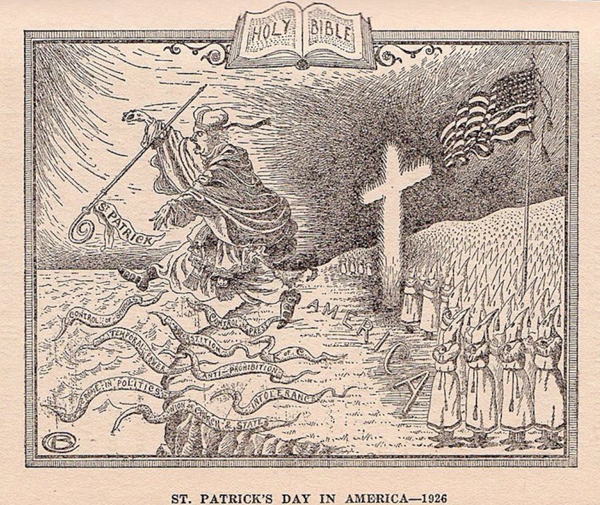 The Klan always persecuted the Catholic Church. Here a 1926 cartoon shows the KKK chasing the Church, personified by St. Patrick. The &quot;snakes&quot; represent the Klan&rsquo;s perceived negative attributes of the Church, including superstition, the union of church and state, control of public schools, and intolerance. Source: Alma White, &quot;Klansmen: Guardians of Liberty&quot; (Zarephath, NJ: 1926), p. 21.