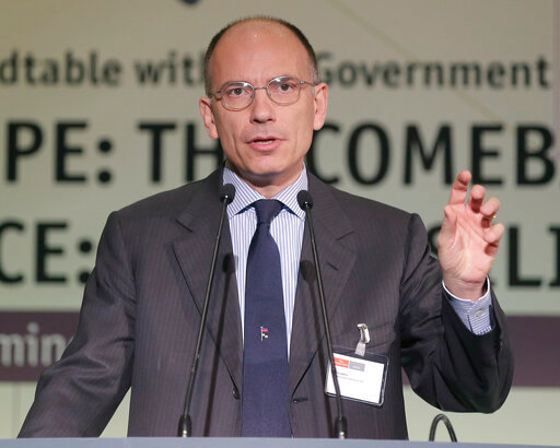FILE - Former Italian Premier Enrico Letta gives a speech during an economic conference in Athens, on May 14, 2015. Democratic Party leader Enrico Letta underlined threats to European democracy by right-wing nationalistic parties in a video released in multiple languages Saturday,  Aug. 13, 2022, underlining that his party would maintain Italy at the center of the EU if it leads in early parliamentary elections next month. (AP Photo/Petros Giannakouris)