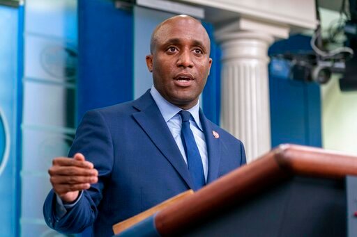 FILE - Kansas City, Mo., Mayor Quinton Lucas speaks during a press briefing at the White House in Washington on May 13, 2022. Lucas sued the state of Missouri Wednesday, Aug. 17, 2022 over a new law that requires the city to increase funding for its police department. (AP Photo/Andrew Harnik, File)