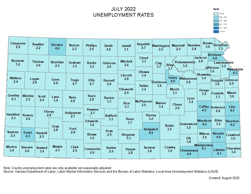 Map of Kansas showing unemployment rates by county.