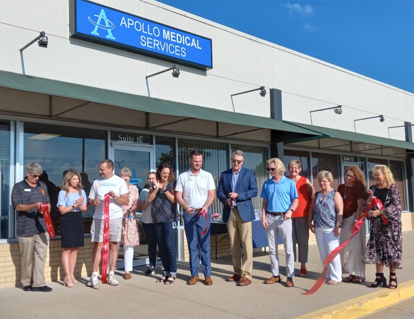 Those in attendance at a ribbon cutting Tuesday for Apollo Medical Services&rsquo; new location at 200 E. Centennial Suite 14 in Pittsburg included Sen. Roger Marshall, R-Kansas, sixth from right.