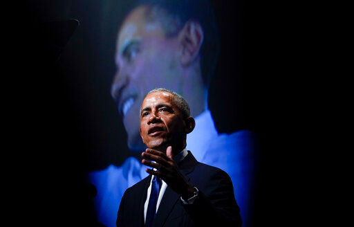 FILE - Former President Barack Obama speaks during a memorial service for former Senate Majority Leader Harry Reid at the Smith Center in Las Vegas, Jan. 8, 2022. Obama won an Emmy Award for his work on the Netflix documentary series, &quot;Our Great National Parks,&quot; on Saturday, Sept. 3, 2022. (AP Photo/Susan Walsh, File)