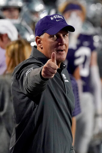 Kansas State head coach Chris Klieman motions to a referee during the second half of an NCAA college football game against South Dakota Saturday, Sept. 3, 2022, in Manhattan, Kan. (AP Photo/Charlie Riedel)