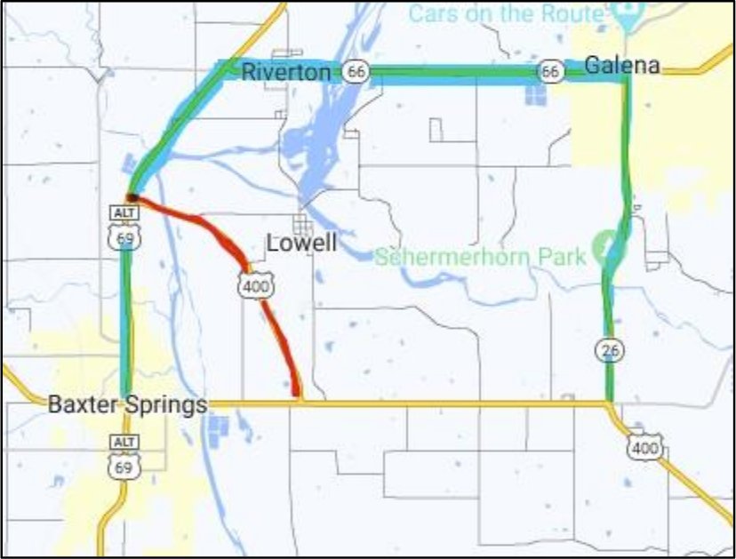 The U.S. 400 bypass closure east of Baxter Springs and detour route are shown on this map.